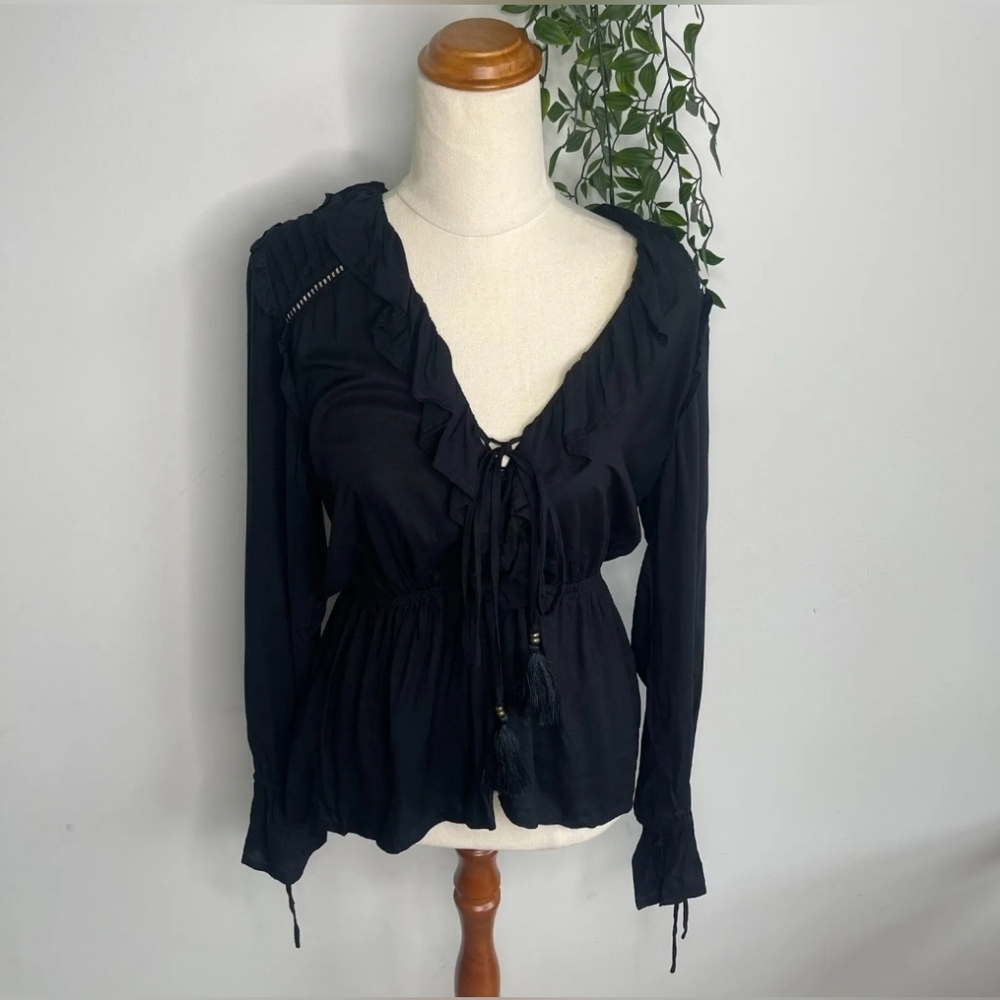 Kivari Small Black Long Sleeve Blouse with Tassels & Ties
